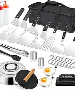 29Pcs Griddle Accessories Kit, Leonyo Flat Top Grill Utensils Tool Set, 18/10 Stainless Steel Spatulas, Griddle Scraper Chopper, Melting Dome, Bacon Press for Teppanyaki Cooking BBQ, Dishwasher Safe 2