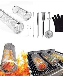 Outdoor barbecue set -2 pieces of drum barbecue net and 6 pieces of barbecue utensils, used for outdoor barbecue of fish, shrimp, meat, vegetables, potato chips, corn, etc