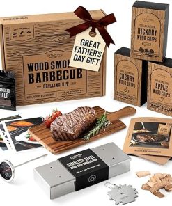 Deluxe BBQ Smoking Kit for Dad Who Love to BBQ - Stainless Steel Smoker with Hinged Lid, All Natural Wood Chips, Hickory Salt – Grilling Accessories