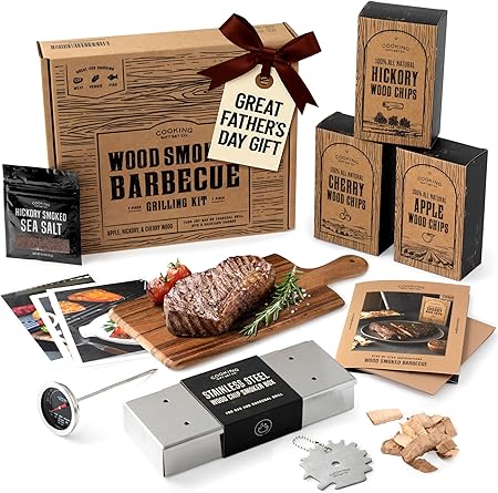 Deluxe BBQ Smoking Kit for Dad Who Love to BBQ – Stainless Steel Smoker with Hinged Lid, All Natural Wood Chips, Hickory Salt – Grilling Accessories Deluxe BBQ Smoking Kit for Dad Who Love to BBQ - Stainless Steel Smoker with Hinged Lid, All Natural Wood Chips, Hickory Salt – Grilling Accessories