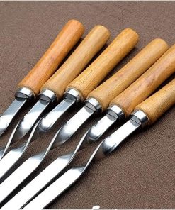 Stainless Steel Fork Set Long Flat Wood Handle Barbecue Needle Meat Grill Outdoor Tools 6pcs Grill Accessories,Gripper
