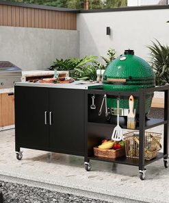MOUMON Outdoor Grill Cart Table with Storage, 37” Stainless Steel Top, 4 Hooks, Metal Kitchen Storage Island with Wheels, Rolling Prep Station for BBQ, Black, 23.7”D x 60.8”W x 34.3”H 2