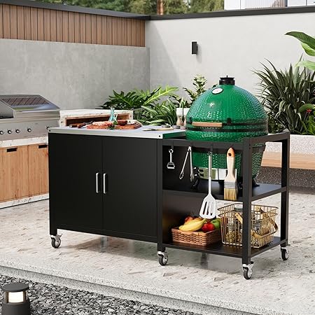 MOUMON Outdoor Grill Cart Table with Storage, 37” Stainless Steel Top, 4 Hooks, Metal Kitchen Storage Island with Wheels, Rolling Prep Station for BBQ, Black, 23.7”D x 60.8”W x 34.3”H 2 MOUMON Outdoor Grill Cart Table with Storage, 37” Stainless Steel Top, 4 Hooks, Metal Kitchen Storage Island with Wheels, Rolling Prep Station for BBQ, Black, 23.7”D x 60.8”W x 34.3”H - Image 2