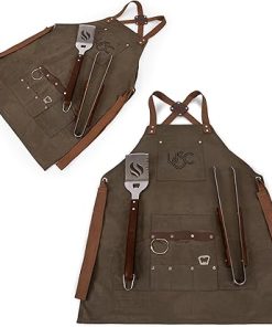 PICNIC TIME NCAA USC Trojans BBQ Apron with Tools & Bottle Opener, Distressed Waxed Canvas Apron with BBQ Spatula & BBQ Tongs, (Khaki Green with Beige Accents) 2