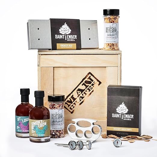 Man Crates Grill Master Crate with Wood Chips, Smoker Box, Thermometer, Tenderizer, Sauce and Rubs Man Crates Grill Master Crate with Wood Chips, Smoker Box, Thermometer, Tenderizer, Sauce and Rubs