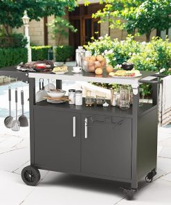 JY QAQA Outdoor Grill Cart with Storage,Patio Kitchen Island Outdoor Grill Table with Wheels,BBQ Cart Movable Pizza Oven Table Stand, Storage Cabinet, Foldable Tabletop, Black