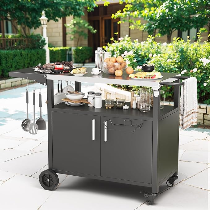 JY QAQA Outdoor Grill Cart with Storage,Patio Kitchen Island Outdoor Grill Table with Wheels,BBQ Cart Movable Pizza Oven Table Stand, Storage Cabinet, Foldable Tabletop, Black JY QAQA Outdoor Grill Cart with Storage,Patio Kitchen Island Outdoor Grill Table with Wheels,BBQ Cart Movable Pizza Oven Table Stand, Storage Cabinet, Foldable Tabletop, Black