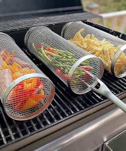Rolling Grilling Basket, Stainless Steel Wire Mesh Cylinder Grill Basket, Portable Outdoor Camping BBQ Rack for Fish, Shrimp, Vegetables, Barbeque Griller Cooking Accessories,3 PACK,30CM 2
