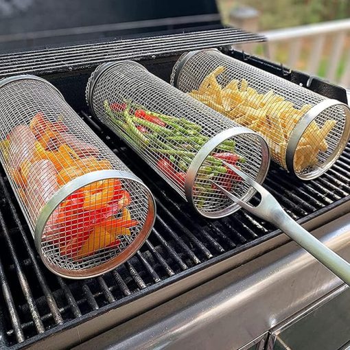 Rolling Grilling Basket, Stainless Steel Wire Mesh Cylinder Grill Basket, Portable Outdoor Camping BBQ Rack for Fish, Shrimp, Vegetables, Barbeque Griller Cooking Accessories,3 PACK,30CM - Image 2