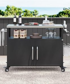 54.5" Outdoor Kitchen Island with Stainless Steel Tabletop - Rolling Grill Cart with Storage, Mobile Bar Table with 4 Lockable Wheels for Pizza Prep & BBQ