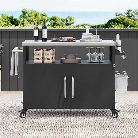 54.5″ Outdoor Kitchen Island with Stainless Steel Tabletop – Rolling Grill Cart with Storage, Mobile Bar Table with 4 Lockable Wheels for Pizza Prep & BBQ 54.5" Outdoor Kitchen Island with Stainless Steel Tabletop - Rolling Grill Cart with Storage, Mobile Bar Table with 4 Lockable Wheels for Pizza Prep & BBQ