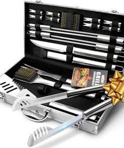 GRILLART BBQ Grill Utensil Tools Set Reinforced BBQ Tongs 19-Piece Stainless-Steel Barbecue Grilling Accessories w/Aluminum Storage Case -Complete Outdoor Grill Kit for Dad, Birthday Gift for Man Dad