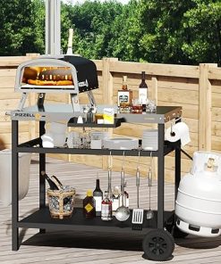 Garden Cart 3 Layers Grill Cart for Outdoor Kitchen Food Prep Worktable Grill Dining Trolley with Handle Wheels and Hooks, Stainless Steel