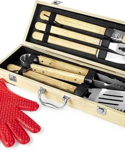 Makerflo 11 Pcs BBQ Grill Accessories Set Barbecue Maple Wood Toolbox Stainless Steel Grill Utensils | Camping Grilling Rust Free Portable Kit Ideal for Craft- Laser Engraving Epoxy, UV DTF, Vinyl