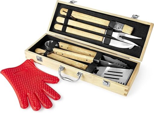 Makerflo 11 Pcs BBQ Grill Accessories Set Barbecue Maple Wood Toolbox Stainless Steel Grill Utensils | Camping Grilling Rust Free Portable Kit Ideal for Craft- Laser Engraving Epoxy, UV DTF, Vinyl