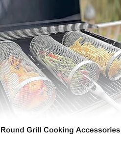 2PCS Rolling Grilling Basket,Stainless Steel Wire Mesh Cylinder Grill Basket, Portable Outdoor Camping Barbecue Rack for Vegetables, French Fries, Fish Round Grill Cooking Accessories (2PC-20CM) 2