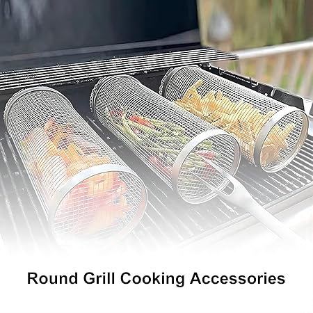 2PCS Rolling Grilling Basket,Stainless Steel Wire Mesh Cylinder Grill Basket, Portable Outdoor Camping Barbecue Rack for Vegetables, French Fries, Fish Round Grill Cooking Accessories (2PC-20CM) 2 2PCS Rolling Grilling Basket,Stainless Steel Wire Mesh Cylinder Grill Basket, Portable Outdoor Camping Barbecue Rack for Vegetables, French Fries, Fish Round Grill Cooking Accessories (2PC-20CM) - Image 2