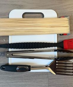 BBQ Grill Tool Set with Chopping Board, Tongs, Spatula, Basting Brush and Bamboo Skewers, Stainless Steel. 2