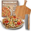 Pizza Stone Set - 5 PCS Premium Cordierite Pizza Stone Set for Baking and Grilling, Complete Pizza Making Kit with Bamboo Peeling Board, Pizza Cutter, and Greaseproof Paper