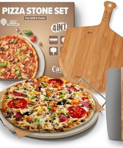 Pizza Stone Set - 5 PCS Premium Cordierite Pizza Stone Set for Baking and Grilling, Complete Pizza Making Kit with Bamboo Peeling Board, Pizza Cutter, and Greaseproof Paper
