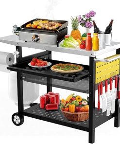 Outdoor Grill Cart with Pegboard, 3-Shelf Pizza Oven Table with Drawer, Stainless Steel Kitchen Dining Cart with Wheels, Food Prep Table Grill Stand for Outside BBQ Patio Backyard