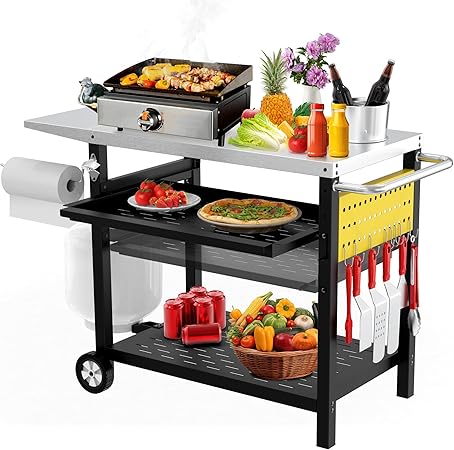 Outdoor Grill Cart with Pegboard, 3-Shelf Pizza Oven Table with Drawer, Stainless Steel Kitchen Dining Cart with Wheels, Food Prep Table Grill Stand for Outside BBQ Patio Backyard Outdoor Grill Cart with Pegboard, 3-Shelf Pizza Oven Table with Drawer, Stainless Steel Kitchen Dining Cart with Wheels, Food Prep Table Grill Stand for Outside BBQ Patio Backyard
