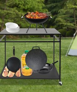 Stainless Steel Barbecue Cart with Wheels Heavy Duty 2 Story Outdoor Barbecue Multi Functional Cart, Mobile Kitchen Car with Storage Rack and Hook, Adjustable Feet for Terrace and Camping (Black) 2