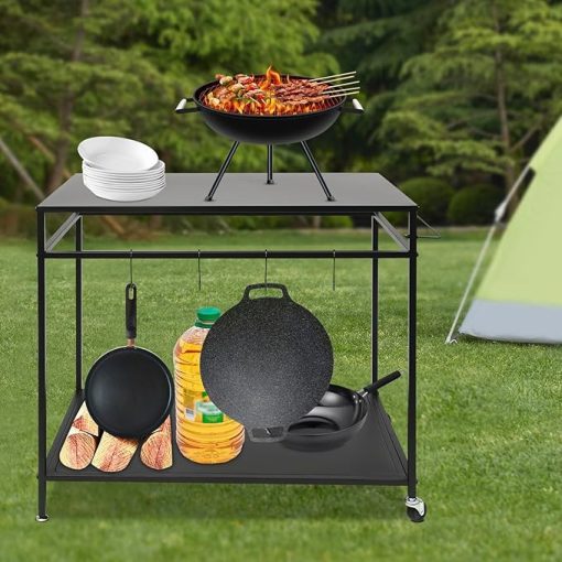 Stainless Steel Barbecue Cart with Wheels Heavy Duty 2 Story Outdoor Barbecue Multi Functional Cart, Mobile Kitchen Car with Storage Rack and Hook, Adjustable Feet for Terrace and Camping (Black) - Image 2