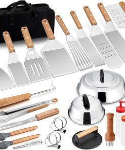 26Pcs Griddle Accessories Kit with Burger Press & Basting Cover, Joyfair Flattop Griddle Accessory BBQ Grill Tools Set with Metal Spatulas for Outdoor Grilling Teppanyaki Hibachi (Wooden Handles)