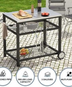 Movable Food Prep and Work Table Stainless Steel Grill Cart Modular Table with Wheels and Handle Double-Shelf Commercial Kitchen Tables Heavy Duty Pizza Oven Stand Outdoor 2