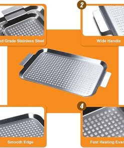 Grill Pan Set of 2, BBQ Grill Topper for Outdoor Grill, Stainless Steel Grilling Baskets with Holes and Handles, Perforated Food Tray Barbecue Accessories for Vegetable, Fish, Large 2