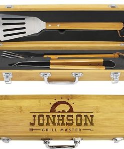 Engraved Grill BBQ Gifts Set for Dad Father Him - Custom Barbecue Personalized Grilling Set with Tools (Bamboo Wood Laser Engraved)