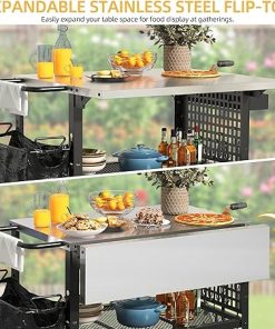 DWVO Outdoor Grill Cart Pizza Oven Table with Stainless Steel Tabletop, 31.5” L x 27.6” W Grill Table Movable with Storage 3-Tier Adjustable Shelf, Drop Leaf and Spice Rack for Patio, BBQ 2