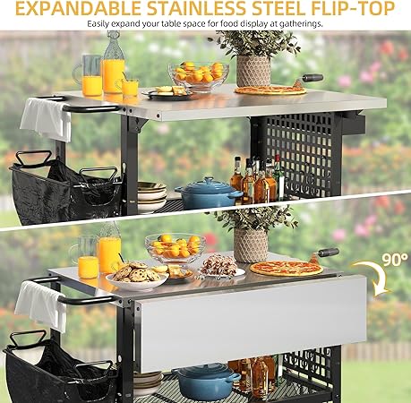 DWVO Outdoor Grill Cart Pizza Oven Table with Stainless Steel Tabletop, 31.5” L x 27.6” W Grill Table Movable with Storage 3-Tier Adjustable Shelf, Drop Leaf and Spice Rack for Patio, BBQ 2 DWVO Outdoor Grill Cart Pizza Oven Table with Stainless Steel Tabletop, 31.5'' L x 27.6'' W Grill Table Movable with Storage 3-Tier Adjustable Shelf, Drop Leaf and Spice Rack for Patio, BBQ - Image 2