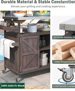 50.25″ Outdoor Kitchen Island with Rolling Bar Cart & Storage Cabinet, Farmhouse Solid Wood Grill Table with Stainless Steel Top, Spice Rack & Towel Rack for Kitchen & BBQ (Dark Brown) 2