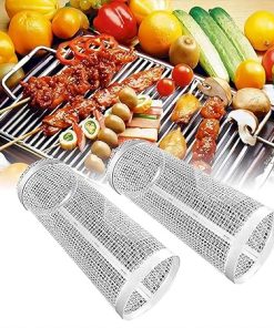 2PCS Rolling Grilling Basket,Stainless Steel Wire Mesh Cylinder Grill Basket, Portable Outdoor Camping Barbecue Rack for Vegetables, French Fries, Fish Round Grill Cooking Accessories (2PC-20CM)