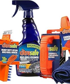 Citrusafe Complete Grill Cleaning Kit - Grill Cleaner Spray (16oz), Scrubber 3 Pack, Nylon Brush, Cookbox Scraper and Microfiber Cleaning Towel - Tools to Clean BBQ Grill Grates, Smokers, Ovens