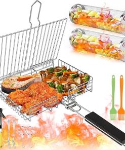 Grill Basket,11pcs Rolling Grill Baskets For Outdoor Grill With Barbeque Grilling Accessories,Stainless Steel Barbecue Folding Grill Basket With Handle,Brush,Portable Bbq Camping For Fish,Shrimp,Vegetables,Christmas Birthday Gifts For Men Dad