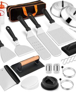 Griddle Accessories Kit, Leonyo 21Pcs Stainless SteelFlat Top Grill Accessories Outdoor, BBQ Metal Spatula Tool Set with 12" Basting Cover, Bacon Press, Burger Patty Maker, Meat Tenderizer