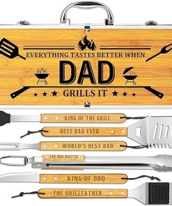 Fathers Day Dad Gifts from Daughter Son, Grilling Gift Heavy Duty Wooden BBQ Grilling Accessories Kit for Backyard, Thick Stainless Steel Grill Utensils with Non-Slip Handle Tools in Portable Bag