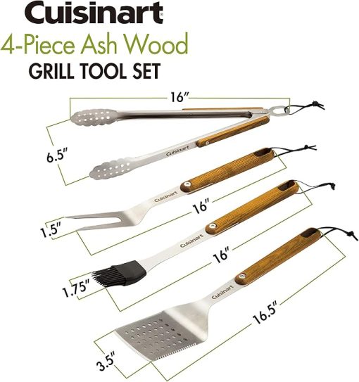 Cuisinart CGS-1100 (Spatula, Locking Tongs, Fork, Basting Brush) 4-Piece Grill Tool Set, Ash Wood Handle - Image 2