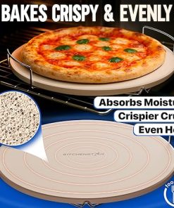 KitchenStar 16-inch Pizza Stone for Oven and BBQ Grill with Handles, Round, 5/8″ Thick – Natural Cordierite, 1800 °F Resistant, Baking Stone Set with Stainless Steel Rack & Plastic Scraper Tool 2
