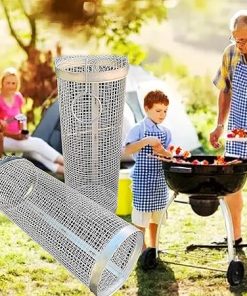 2PCS Rolling Grilling Basket,Stainless Steel Wire Mesh Cylinder Grill Basket, Portable Outdoor Camping Barbecue Rack for Vegetables, French Fries, Fish Round Grill Cooking Accessories (2PC-30CM) 2