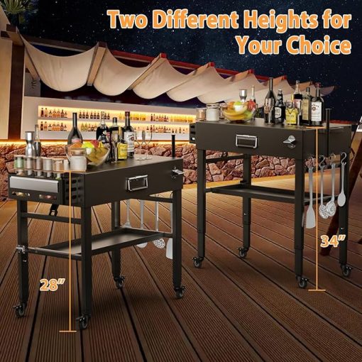 28" and 34" Upgrade Height & Quick-Fold Portable Grill Cart for Ninja Woodfire (OG700 Series), Blackstone 17"/22" Griddle, Pizza Oven – Outdoor Ninja Grill Stand with 4 Swivel Wheels - Image 2