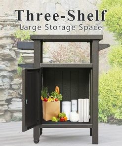 Outdoor Grill Cart with Storage and Wheels, Metal Portable Table and Storage Cabinet for BBQ or Patio, Brown 2