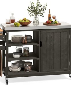 DWVO XL Outdoor Grill Cart, Solid Wood Grill Table, Prep Table with Stainless Steel Top, Outdoor Kitchen Cart with Storage Cabinet for Patio, Kitchen Prep, Grilling Accessories, Brown