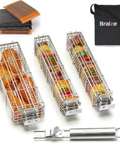 Large Grilling Basket Set – 3 Stainless Steel Kabob Baskets with Removable Handle & Scrubber Sponge – Heavy-Duty Grill Accessory for Veggies, Meat & More