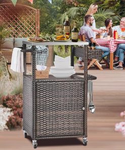 Grill Cart Outdoor with Wheels Outdoor Prep Table Grill Station with Storage Outdoor Kitchen Island Serving Cart with Stainless Steel Table Top BBQ Storage Cabinet for Outside Wicker Bar Cart Brown 2