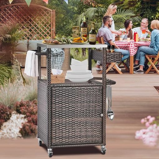 Grill Cart Outdoor with Wheels Outdoor Prep Table Grill Station with Storage Outdoor Kitchen Island Serving Cart with Stainless Steel Table Top BBQ Storage Cabinet for Outside Wicker Bar Cart Brown - Image 2