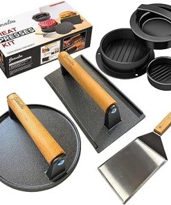 Smashed Burger Press BBQ Kit: 7" Round & 8.2x4.3 Rectangle Cast Iron Bacon Press, 3 in 1 Patty Maker, Spatula 6x5”, Burger Press Griddle Set for Blackstone, Traeger, Grills, Fry Pan